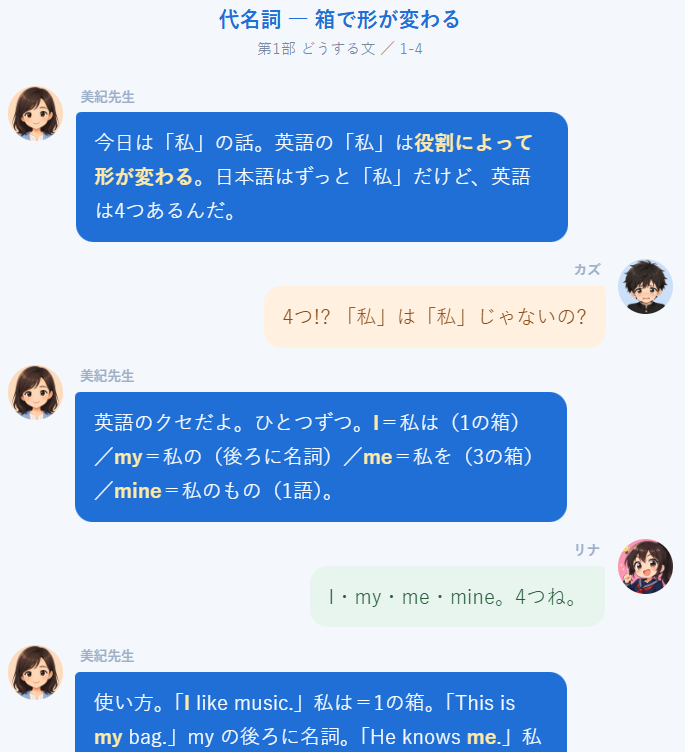 美紀先生・リナ・カズの会話を読み進めながら学ぶ画面